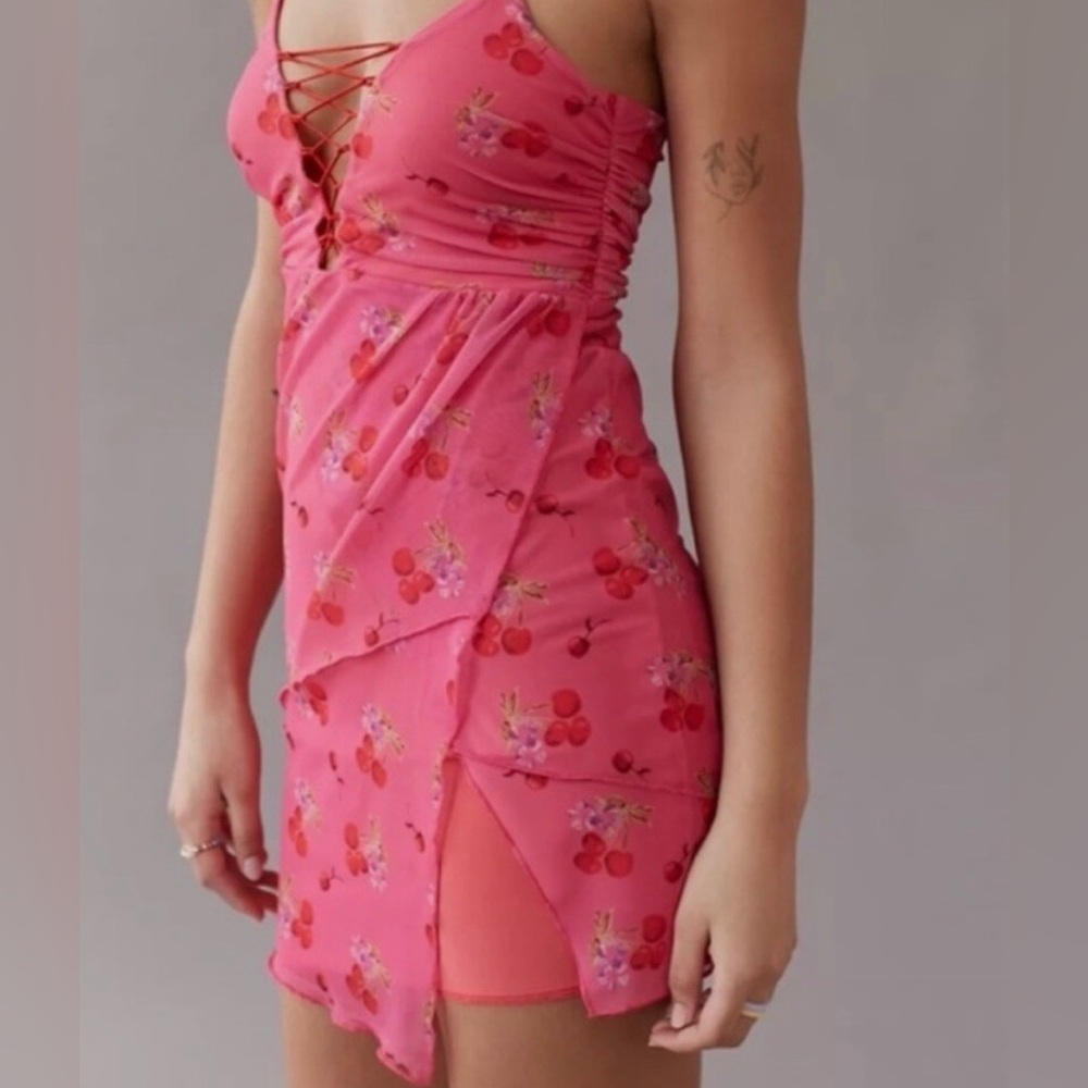 Urban Outfitters BNWT Pink Cherries Lace-Up Mini Dress - Picture 3 of 6